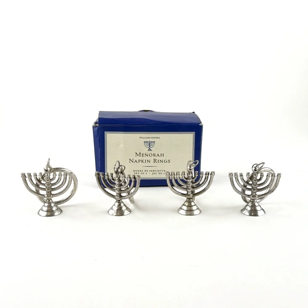 Williams Sonoma Silver Menorah Napkin Rings Set of Four